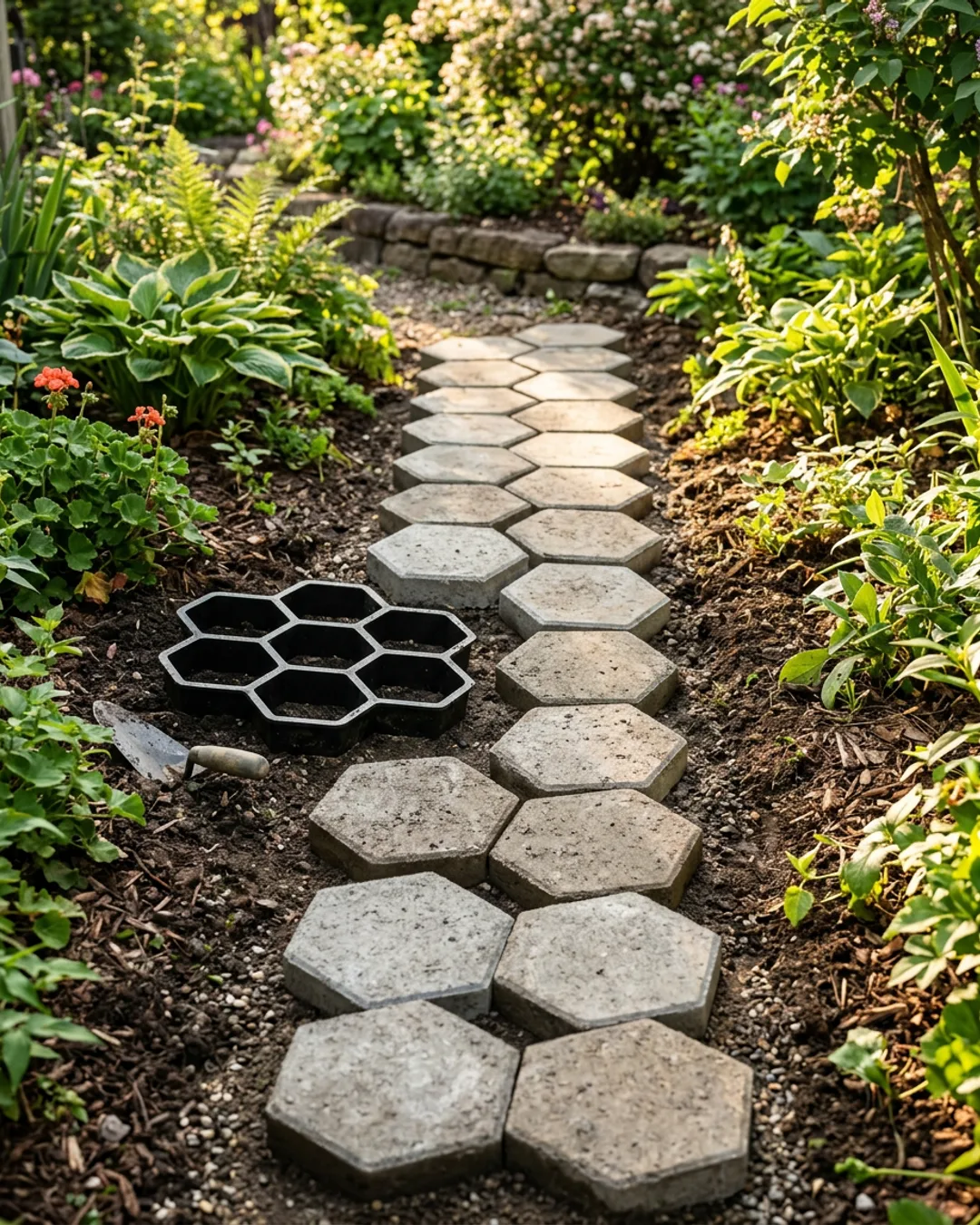 Hexagonal concrete mold with fresh pour setting