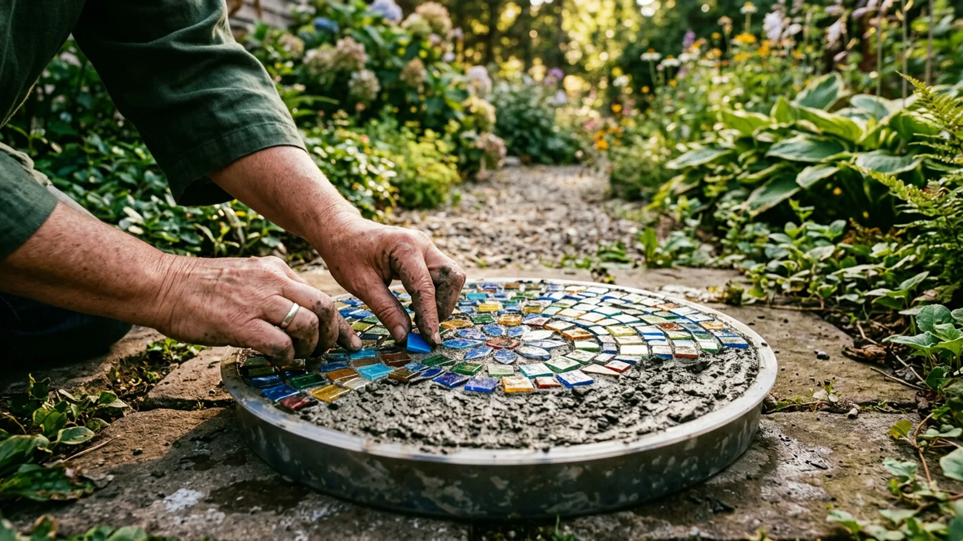 Garden path with concrete stepping stones surrounded by plants