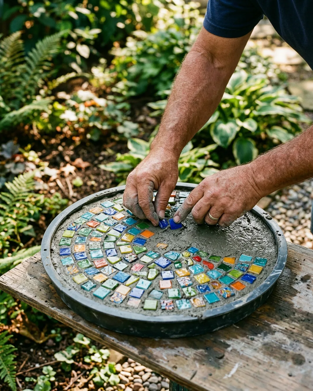 Pouring concrete into a garden stone mold